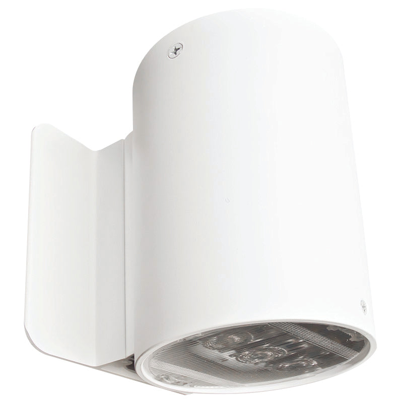 Architectural emergency down-light with cylindrical white housing and prismatic lens