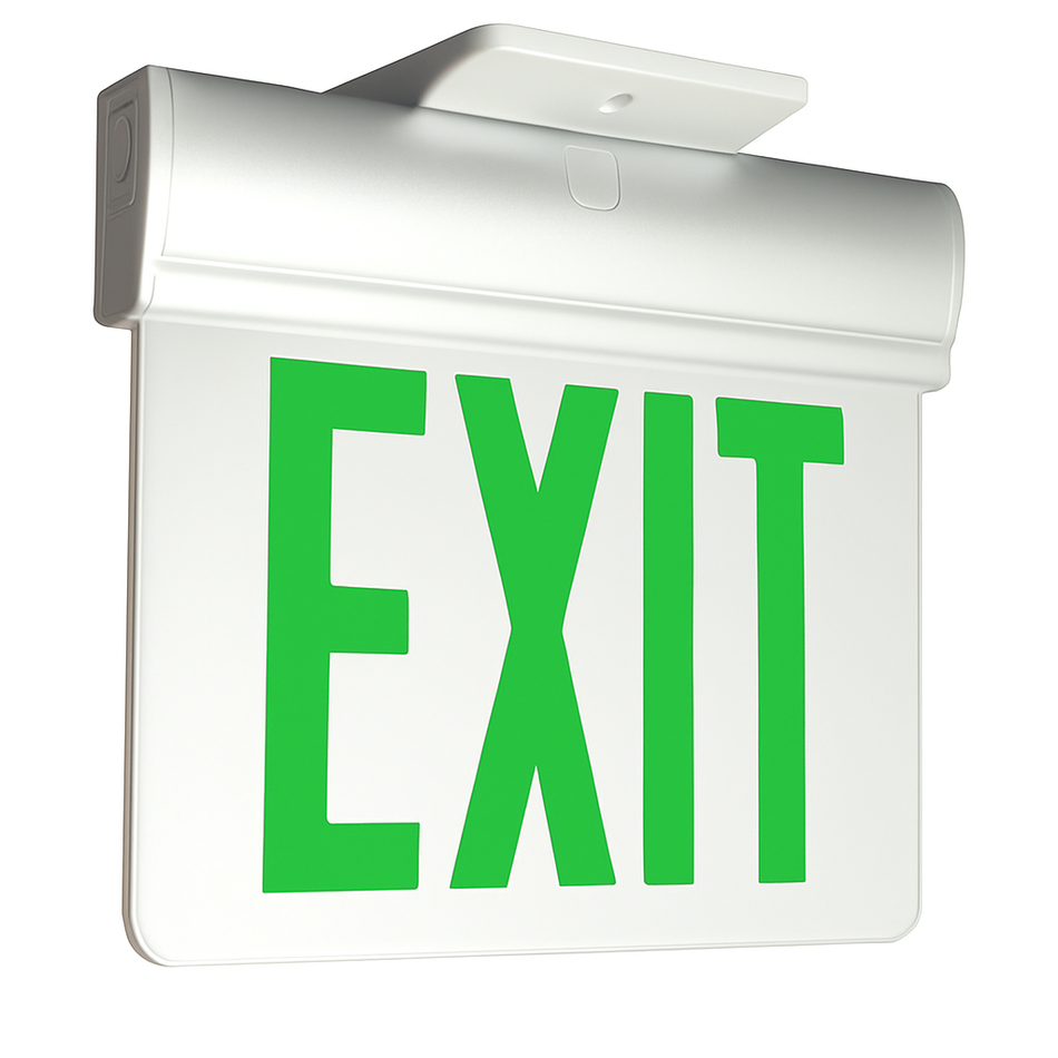 PELX economy edge-lit LED exit sign with green legend and white thermoplastic housing