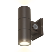 LED up/down cylinder wall light in bronze finish with photocell and bottom beam illuminated