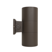 Dark bronze cylindrical LED wall fixture with selectable lumen and color temperature settings