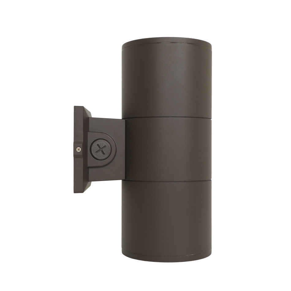 Dark bronze cylindrical LED wall fixture with selectable lumen and color temperature settings