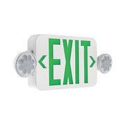 White exit sign and emergency light combo with green ‘EXIT’ letters, left/right arrows, and dual round lamp heads