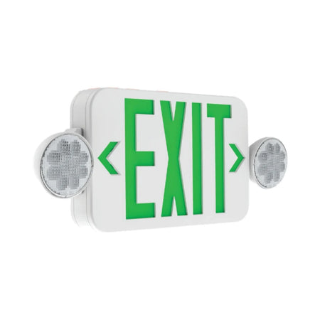 White exit sign and emergency light combo with green ‘EXIT’ letters, left/right arrows, and dual round lamp heads