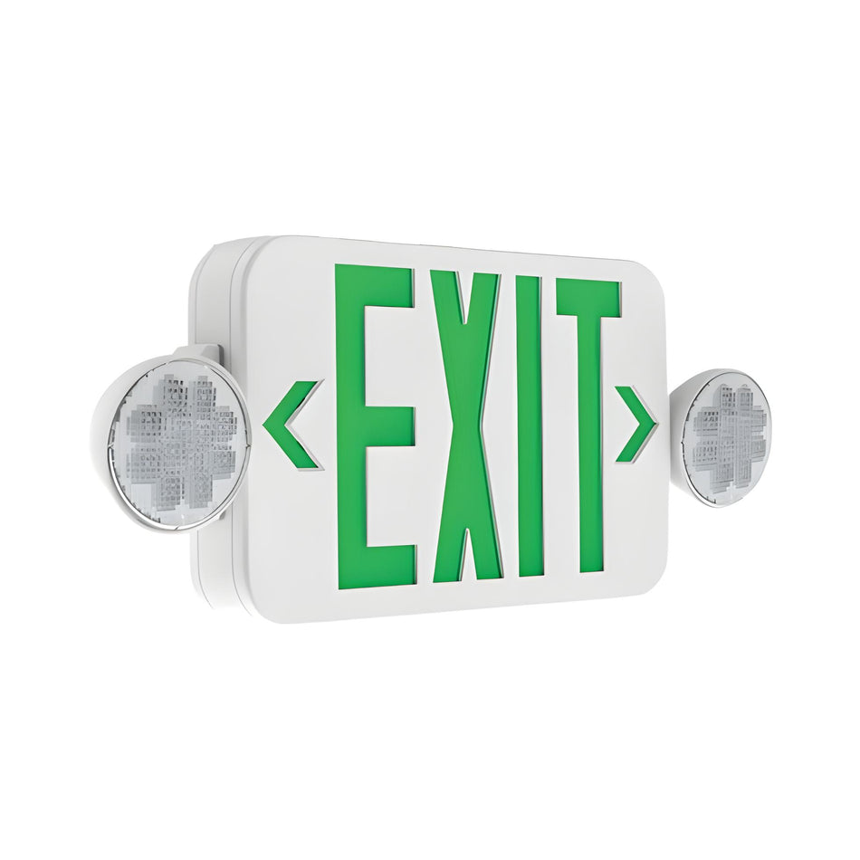 White exit sign and emergency light combo with green ‘EXIT’ letters, left/right arrows, and dual round lamp heads