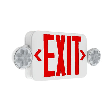 White exit sign and emergency light combo with red ‘EXIT’ letters, left/right arrows, and dual round lamp heads