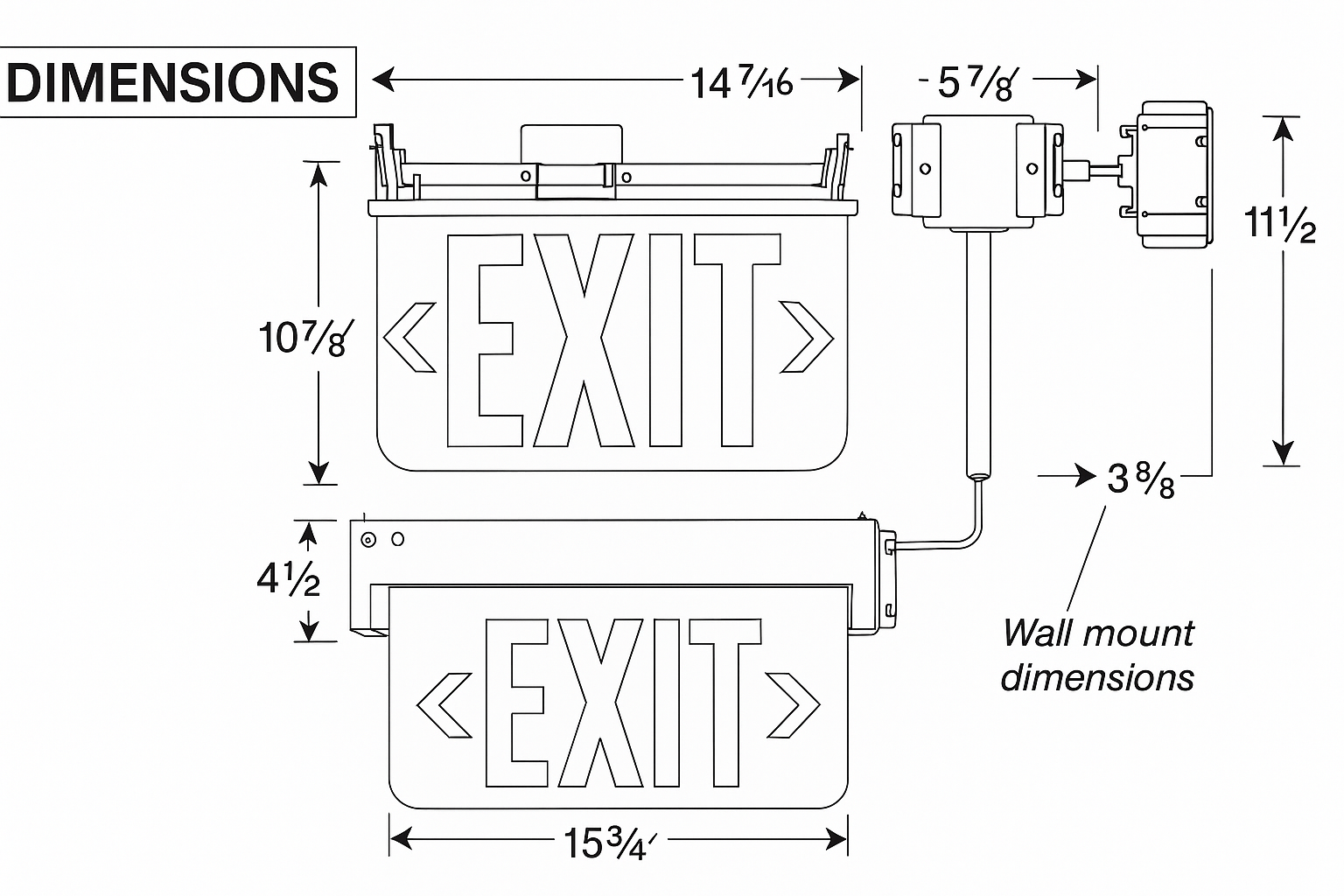Recessed Edge-Lit Aluminum Exit Sign dimensions diagram