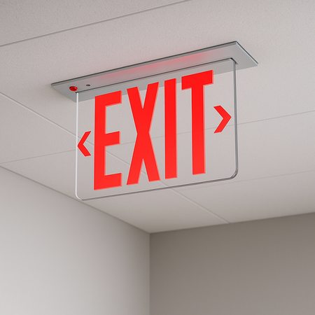 Red Recessed Edge-lit Aluminum Exit Sign Installed
