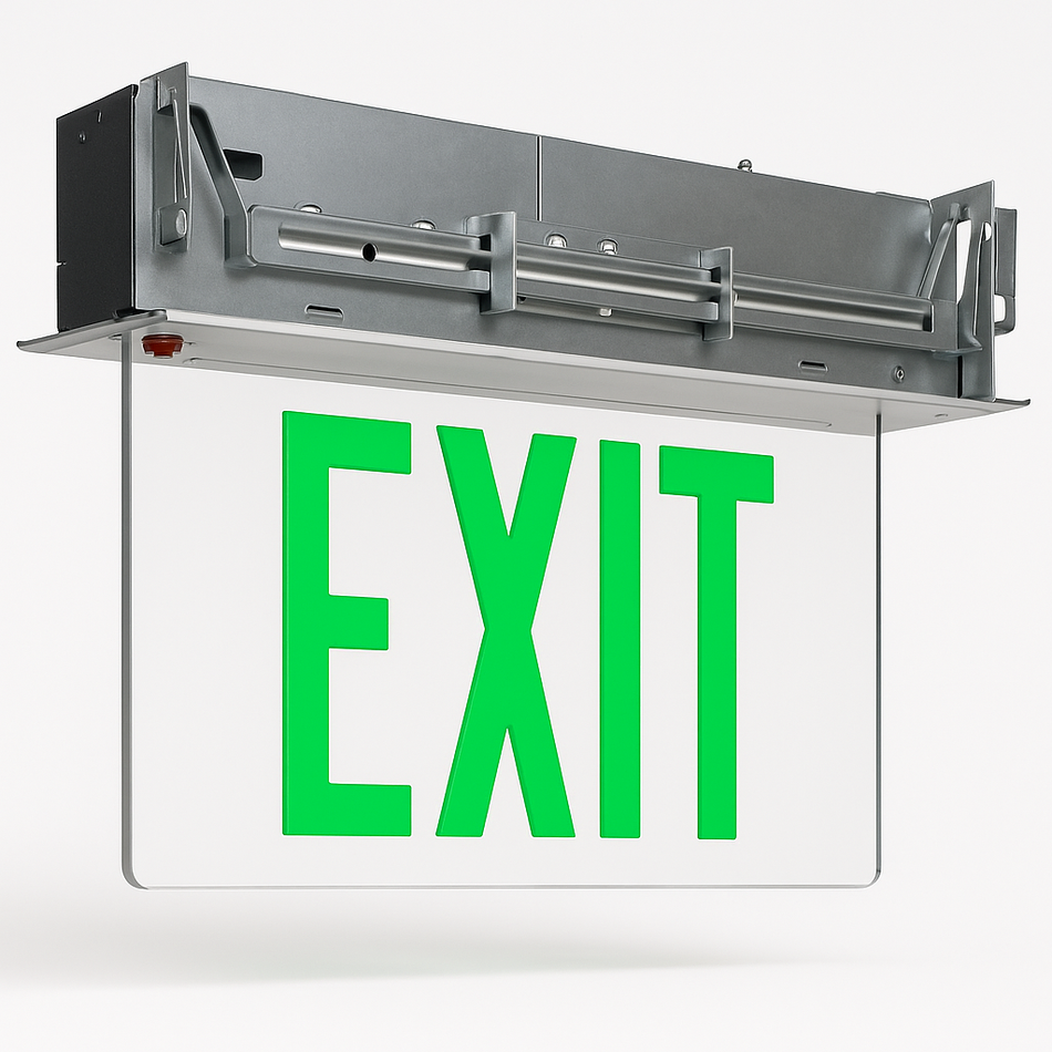 Green Recessed Edge-lit Aluminum Exit Sign - mirrored panel