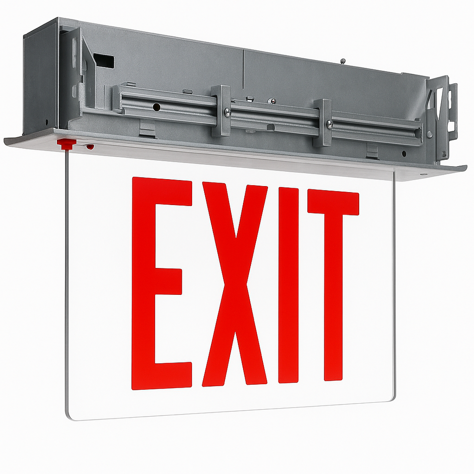 Red Recessed Edge-lit Aluminum Exit Sign - mirrored panel