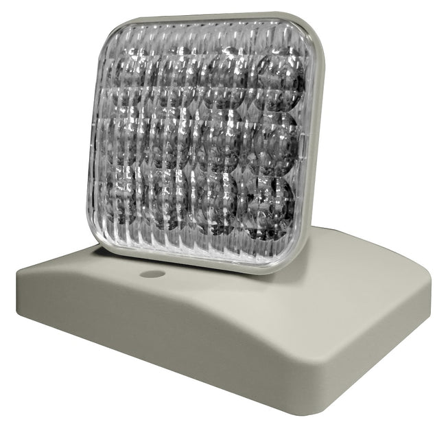 Indoor thermoplastic LED remote head with square prismatic lens on adjustable surface-mount base