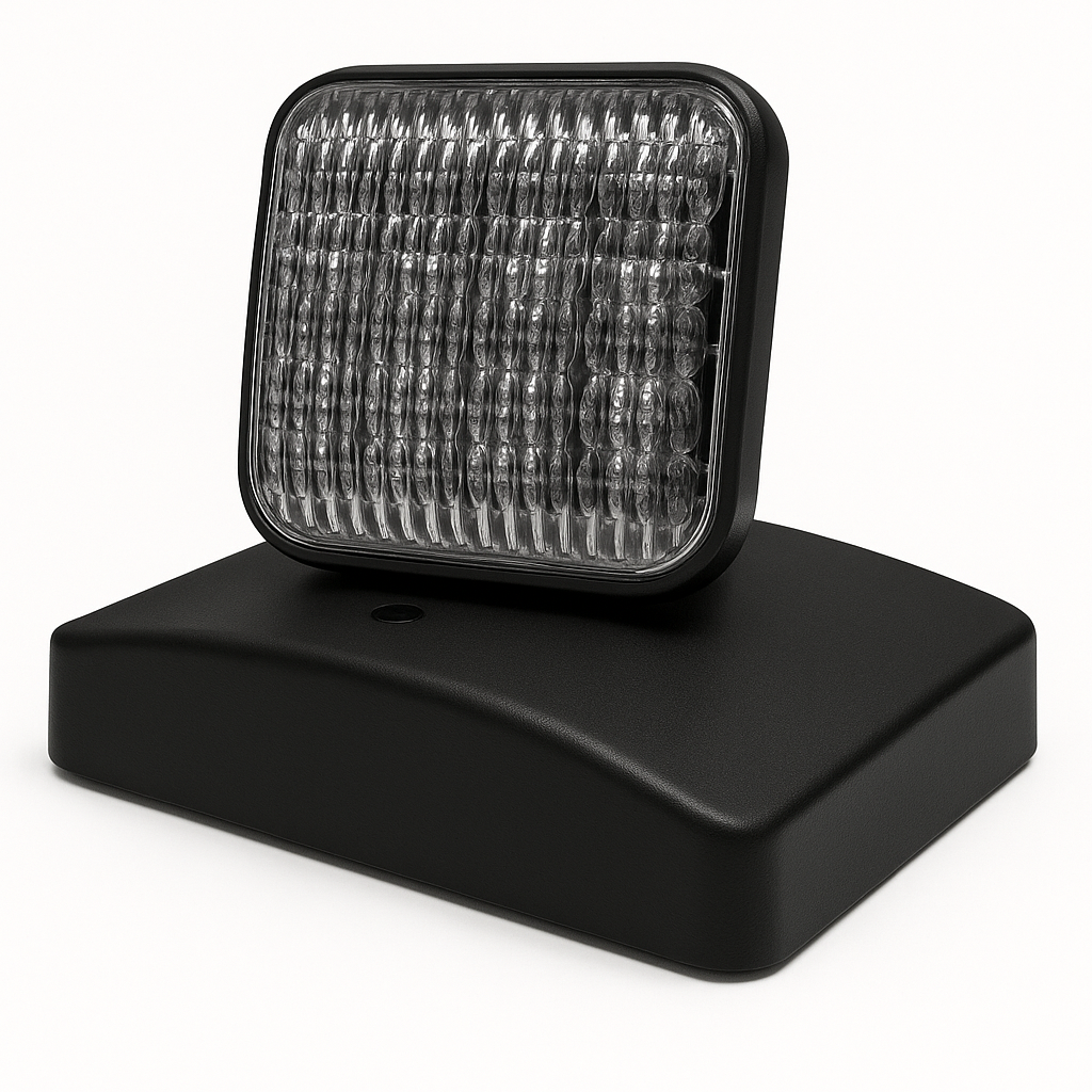 Indoor thermoplastic LED remote head with square prismatic lens on adjustable surface-mount base - black housing