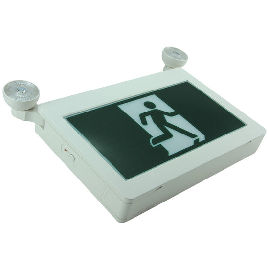 “Running Man” LED exit/emergency combo – angle view with universal pictogram panel