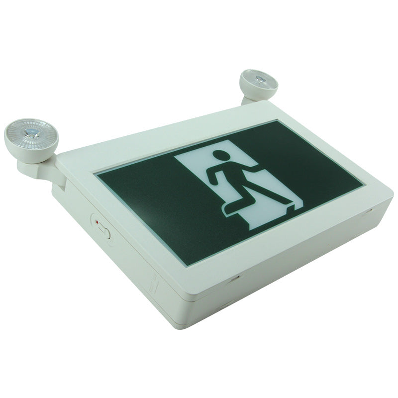 “Running Man” LED exit/emergency combo – angle view with universal pictogram panel