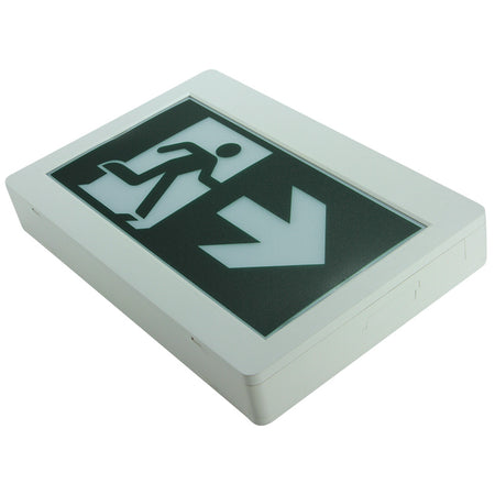 “Running Man” LED exit/emergency combo – left angle view with universal pictogram panel