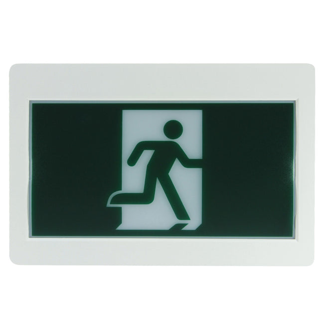 “Running Man” LED exit sign – front view with green pictogram and white ABS housing