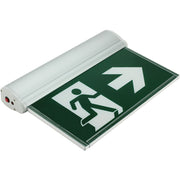 Angled S900RM edge-lit Running Man exit sign with clear acrylic panel