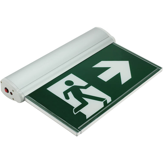 Angled S900RM edge-lit Running Man exit sign with clear acrylic panel