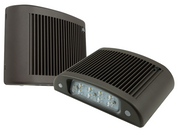 Dual view of slim architectural LED wall packs with bronze ribbed housings and integrated emergency lighting