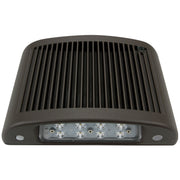 Slim LED wall pack with exposed lens and ribbed aluminum housing for thermal management