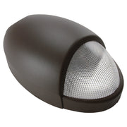 Wall-mounted emergency wallpack with prismatic lens and dusk-to-dawn output