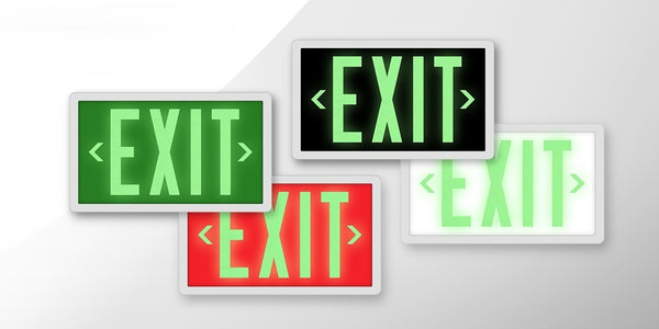 Commercial hallway with illuminated EXIT sign and LED emergency lights