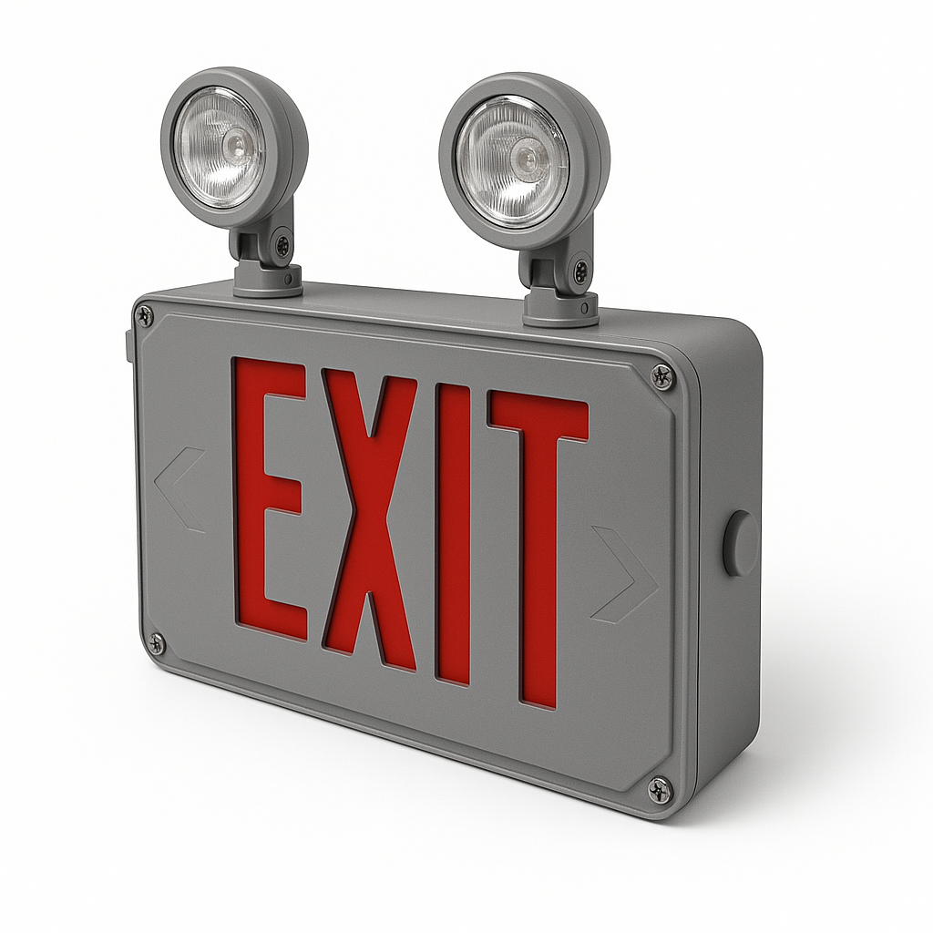 Low-Profile Wet-Location LED Combo Exit Sign with gray housing
