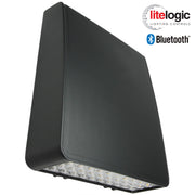 Zero uplight LED wall pack with LiteLogic Bluetooth lighting control, dark sky compliant housing with concealed optics