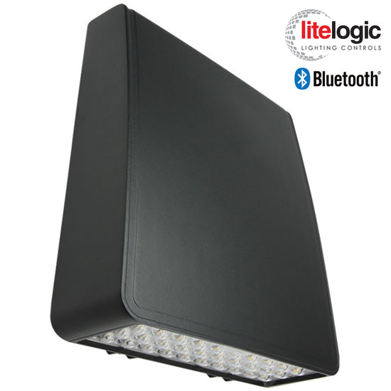 Zero uplight LED wall pack with LiteLogic Bluetooth lighting control, dark sky compliant housing with concealed optics