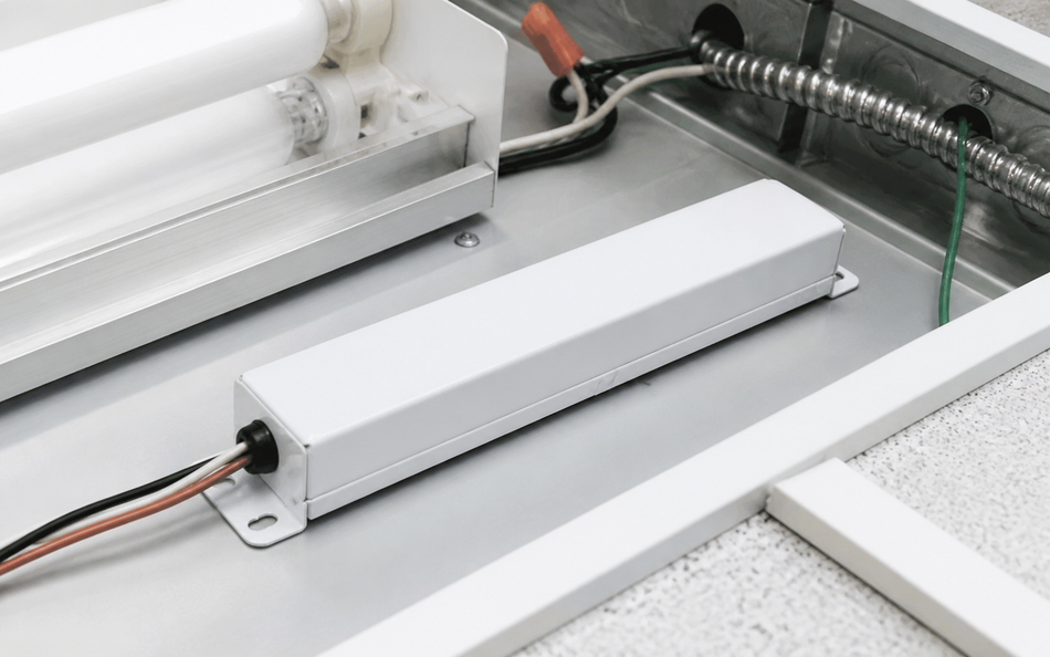 BAL1400ACTD fluorescent emergency ballast installed with lighting fixture wiring
