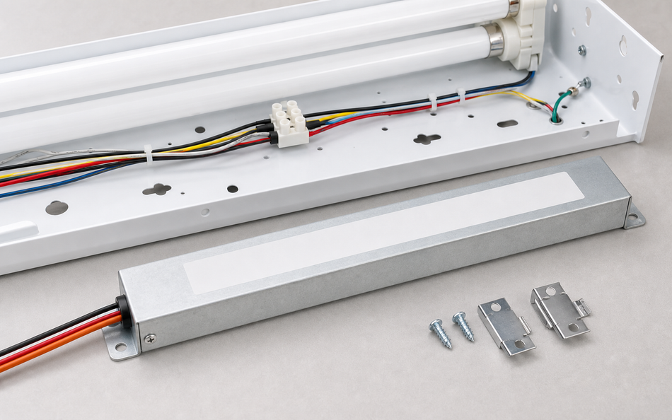 BAL1400LPTD low-profile fluorescent emergency ballast installed with fixture wiring