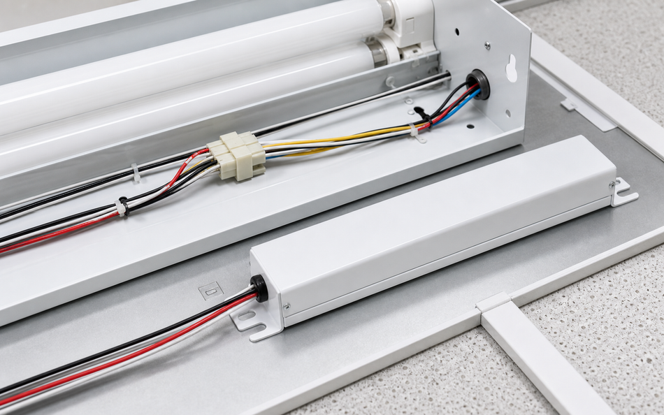 BAL1400TD fluorescent emergency ballast installed with fixture wiring
