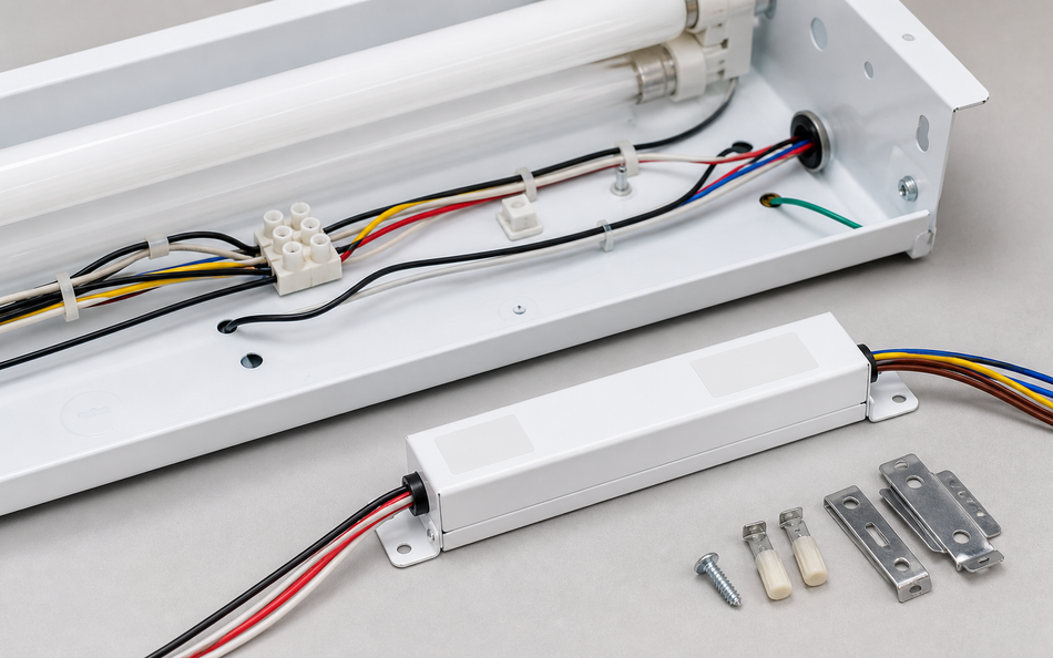 BAL500TD fluorescent emergency ballast installed with fixture wiring