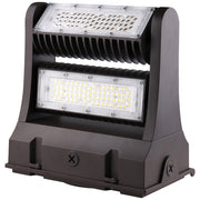 Outdoor LED wall light providing downlighting in commercial setting