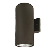 Bronze LED cylinder wall pack mounted on a wall, shown in downlight configuration