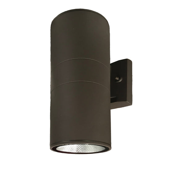 Bronze LED cylinder wall pack mounted on a wall, shown in downlight configuration
