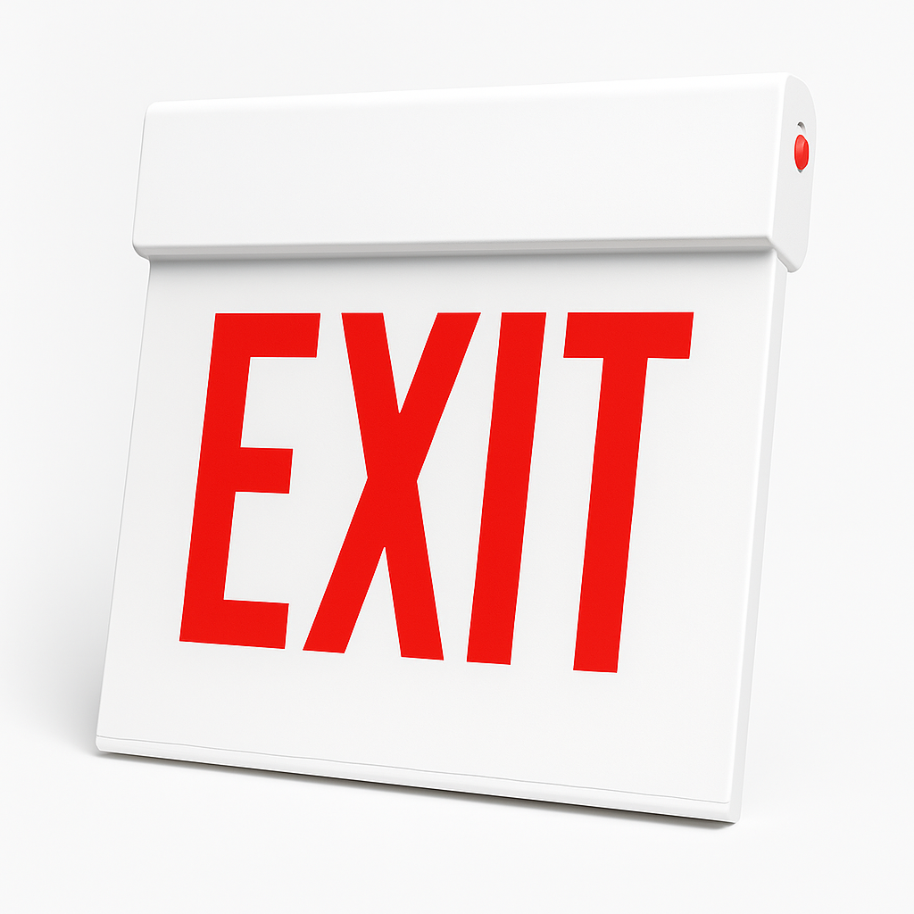 CAELXTE edge-lit exit sign with White housing and No Arrow directional legend
