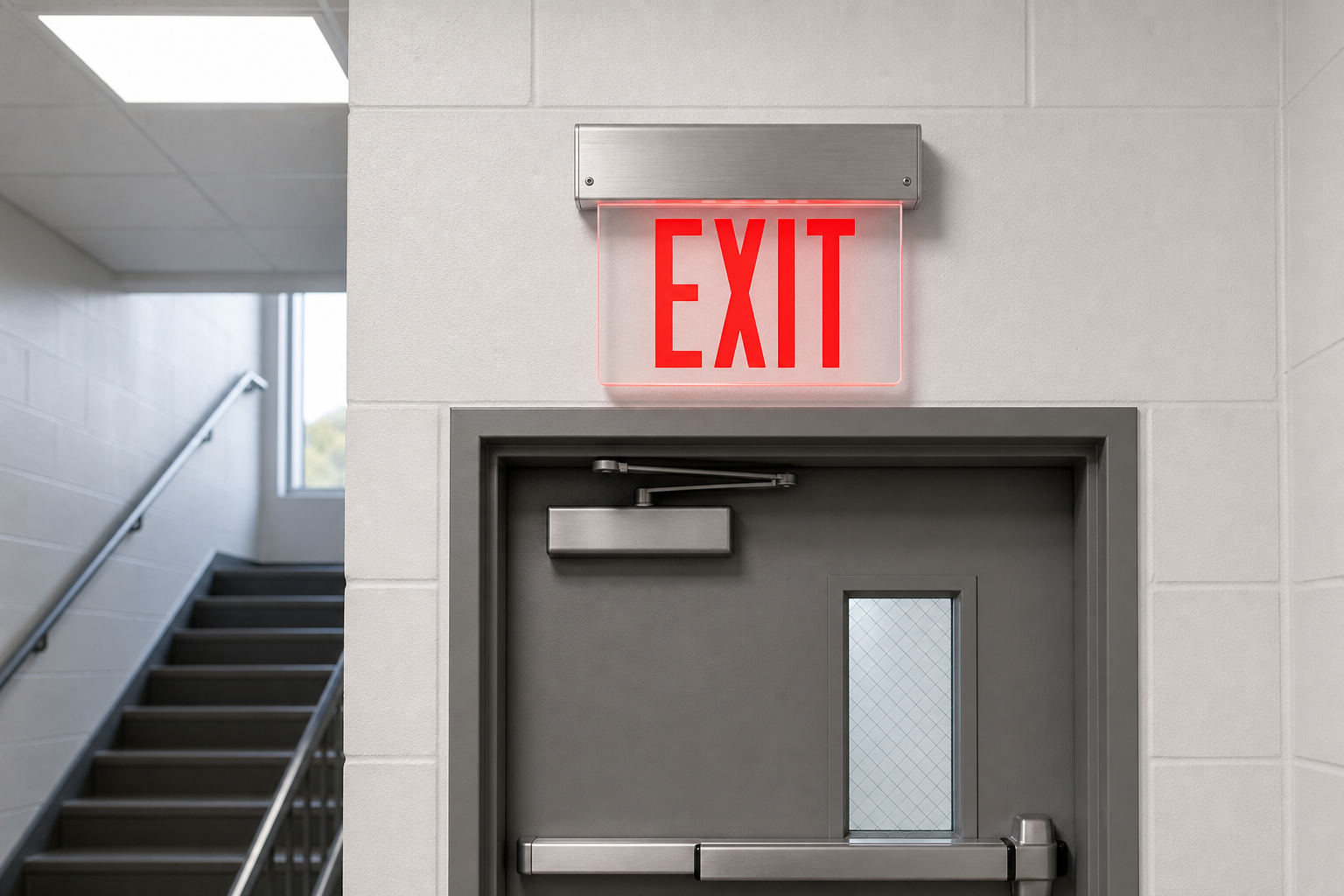 CAELXTE edge-lit exit sign installed above an egress door near a stairwell