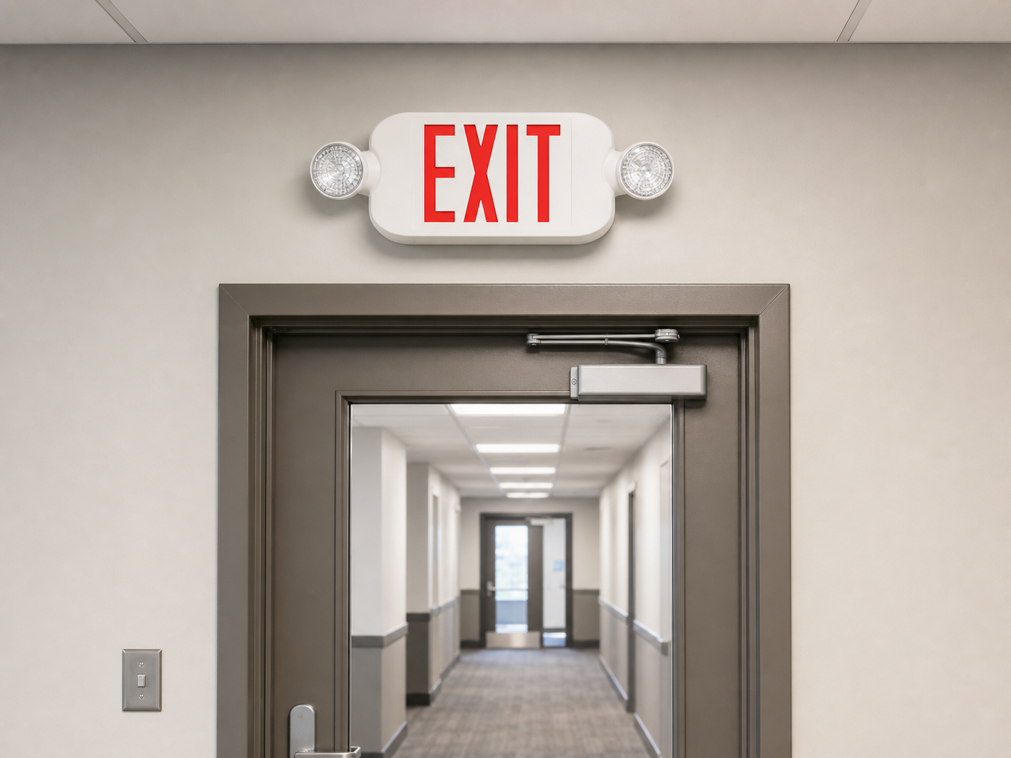 CEU low-profile LED exit and emergency combo installed above a commercial exit door