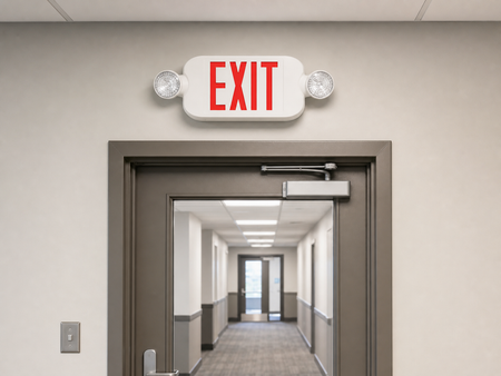 CEU low-profile LED exit and emergency combo installed above a commercial exit door