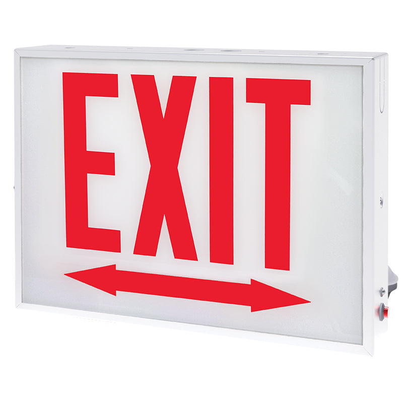 Steel LED exit sign with glass panel – front view showing red EXIT legend