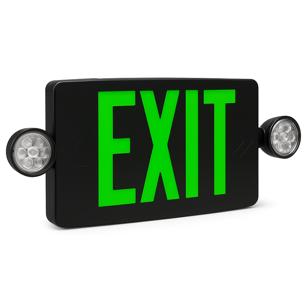CTXTEU thin LED exit and emergency combo with green letters and black housing