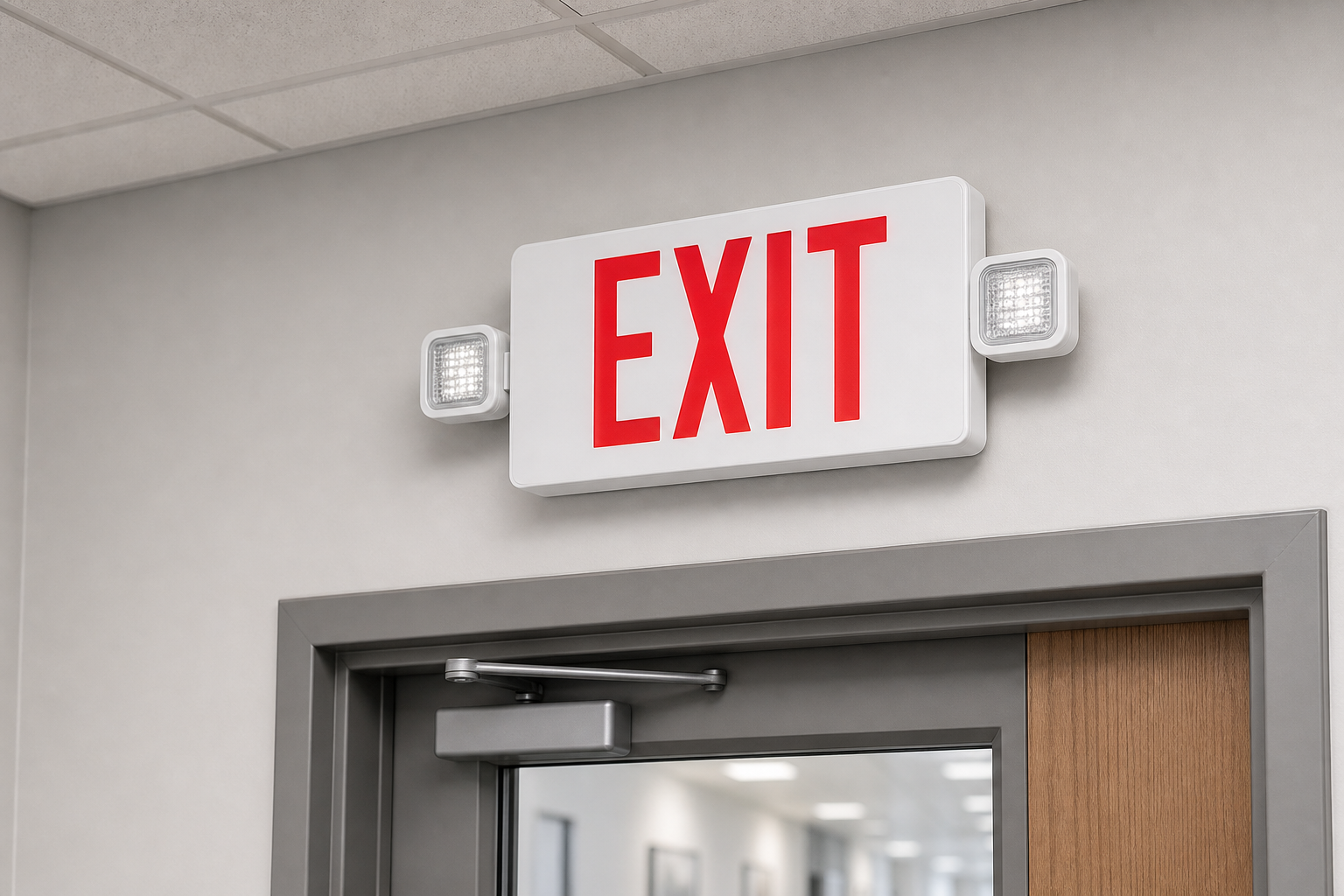CTXTEU thin LED exit and emergency combo installed above an interior doorway