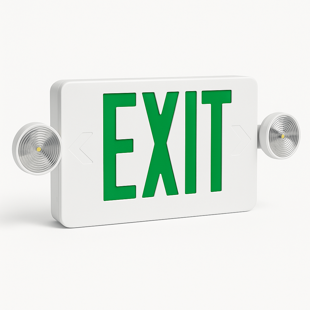 CTXTEU thin LED exit and emergency combo with green letters and white housing