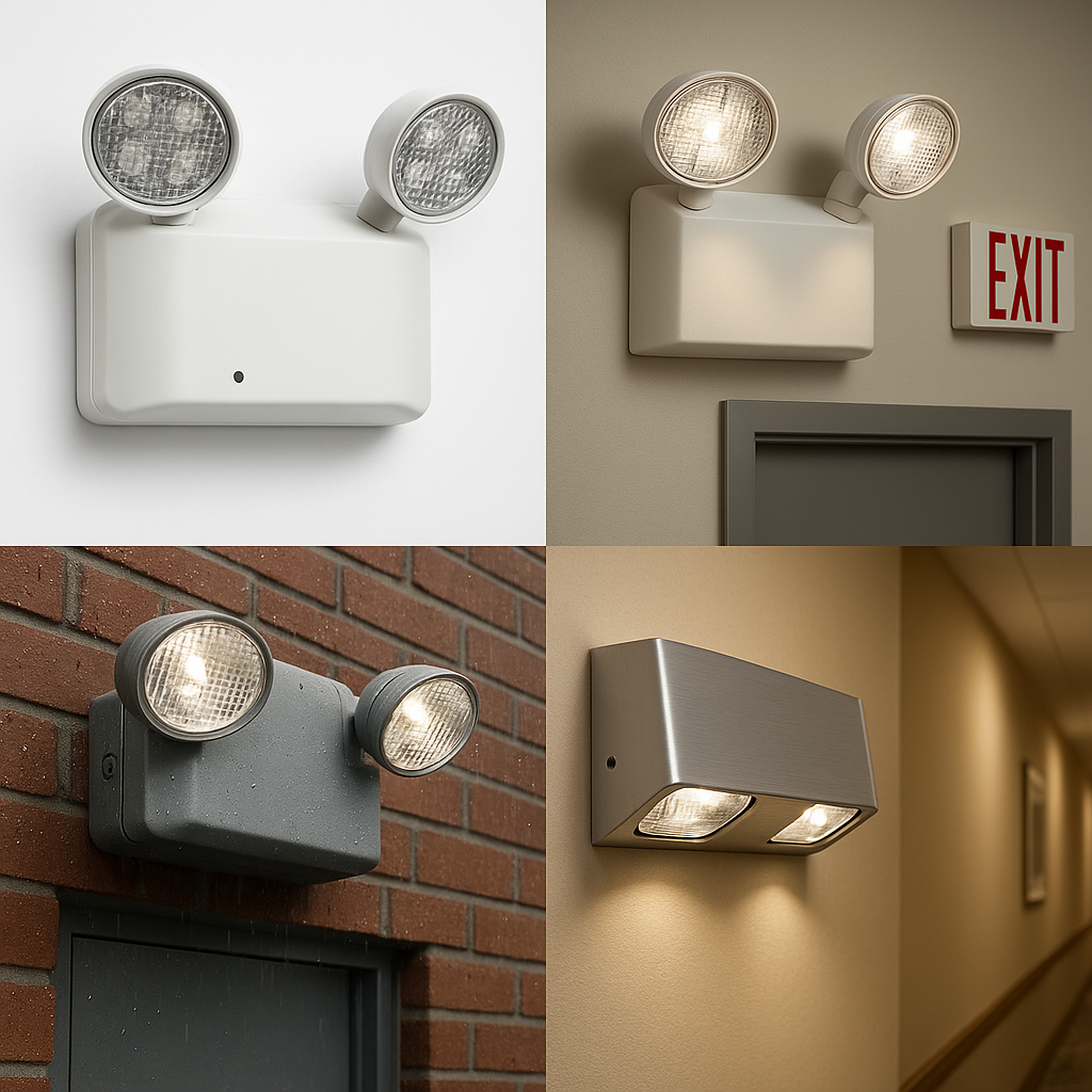 Emergency exit lights mounted on wall