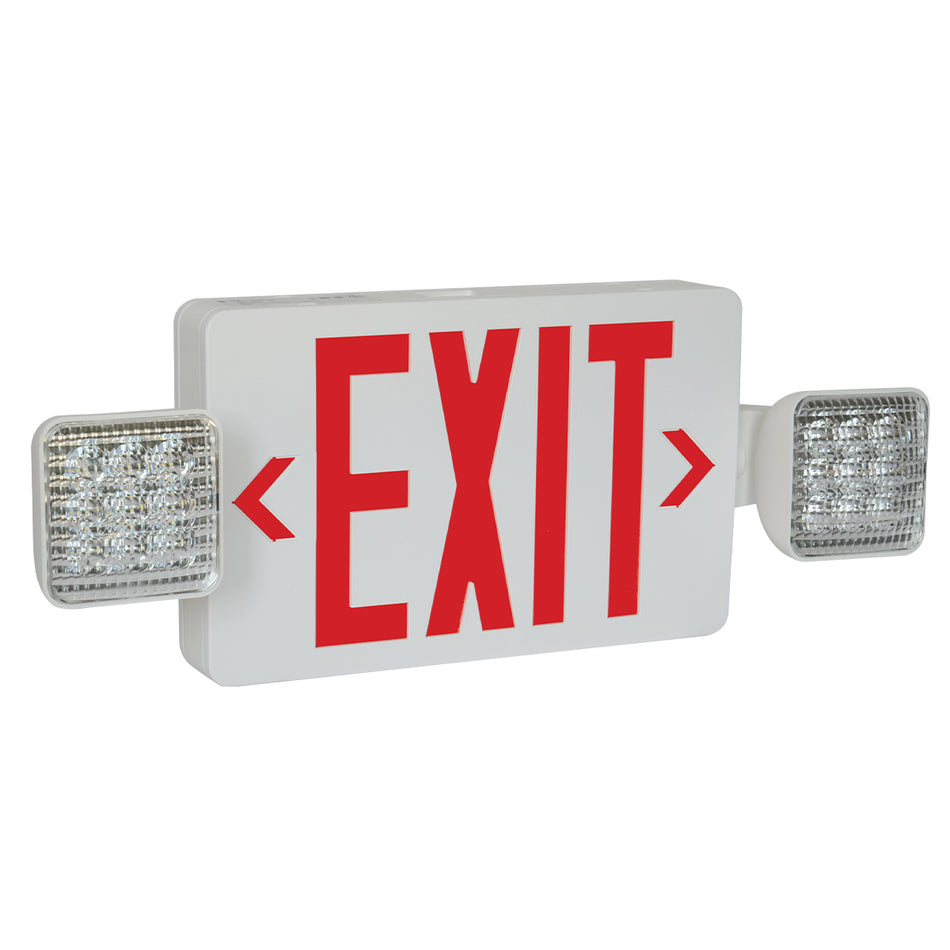 Slim thermoplastic LED exit/emergency combo – front view with twin lamp heads
