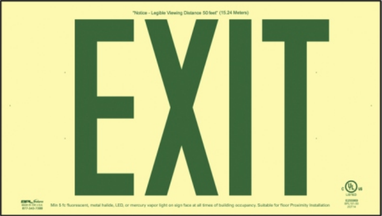 Green Photoluminescent Exit Signs -75 Foot Viewing Distance