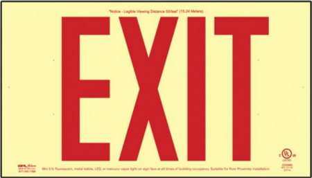 Red Photoluminescent Exit Signs -75 Foot Viewing Distance