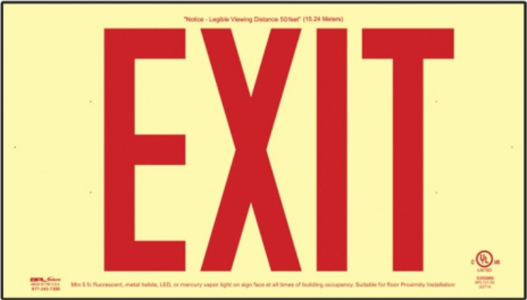 Red Photoluminescent Exit Signs -75 Foot Viewing Distance