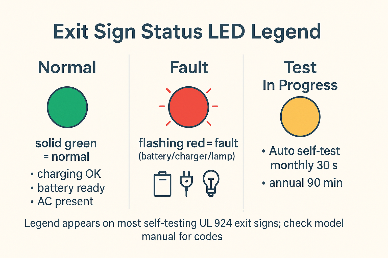 Status LED legend: solid green = normal; flashing red = fault; amber = test in progress.