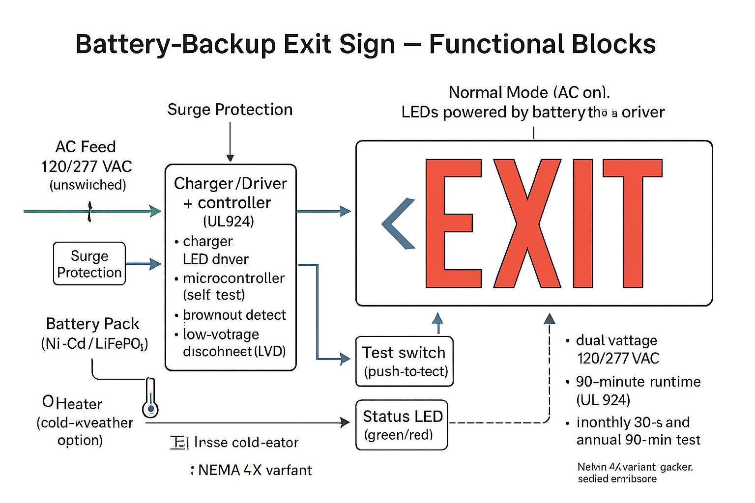 Diagram: AC feed, charger, battery pack, LED board, and test switch in a battery-backup exit sign.